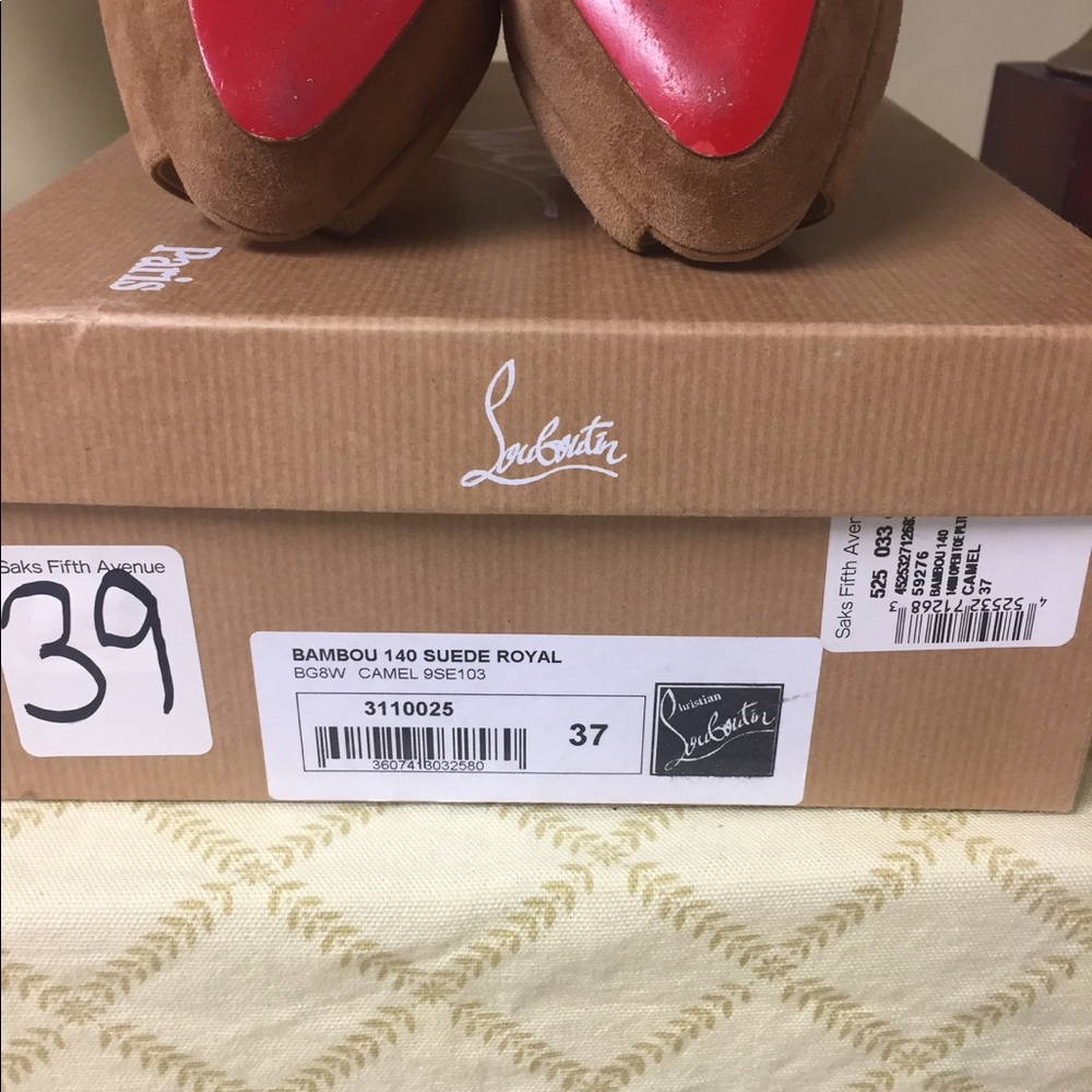Christian Louboutin Brown Suede Peep-Toe Heels - Picture 4 of 6